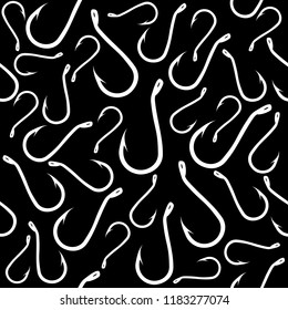 Fishing hooks. Black seamless vector background with white elements