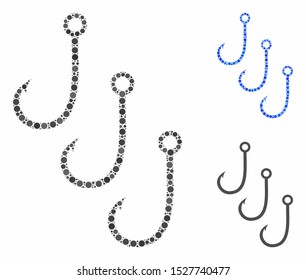 Fishing hooks composition of filled circles in different sizes and color tints, based on fishing hooks icon. Vector filled circles are united into blue composition.