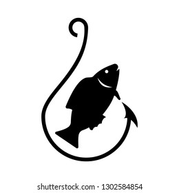 Fishing hooks and fish, black on white background, vector
