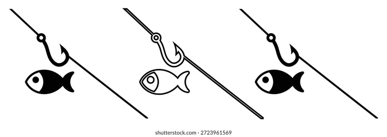  anzuelos de pesca con peces en líneas en estilo minimalista, anzuelos cruzados con un pez sobre fondo blanco. Ilustración aislada.