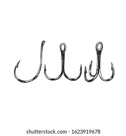 Fishing hooks hand drawn black and white vector illustration. Angling equipment simple vintage sketch. Sharp steel retro fishhooks isolated monochrome design element on white background