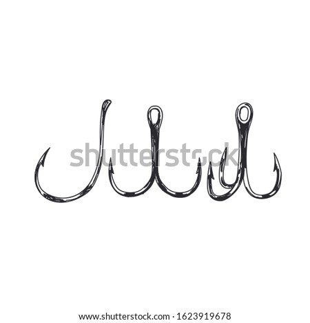Fishing hooks hand drawn black and white vector illustration. Angling equipment simple vintage sketch. Sharp steel retro fishhooks isolated monochrome design element on white background