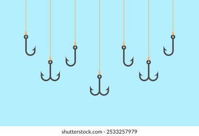 Fishing hooks icons on blue background