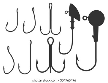 Fishing hooks and jig heads set. Vector illustrations isolated on white background. Collection of equipment for rod or spinning angling. Different shapes and sizes of fishhooks.