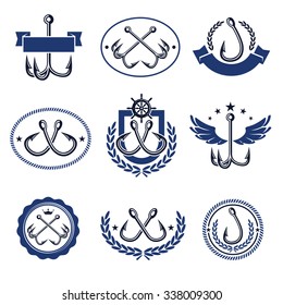Fishing hooks labels and elements set. Vector