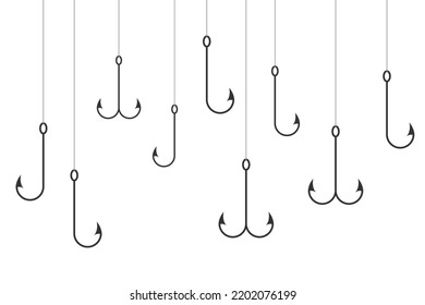 Fishing hooks on fishing lines underwater graphic background. Wallpaper with catching fish. Vector illustration