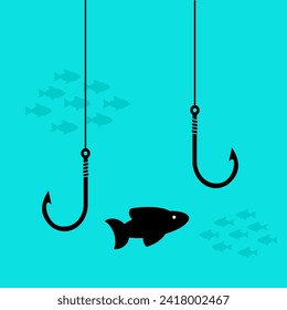 Fishing hooks on fishing lines underwater graphic background. Wallpaper with catching fish in blue water. Vector illustration EPS10 editable and printable