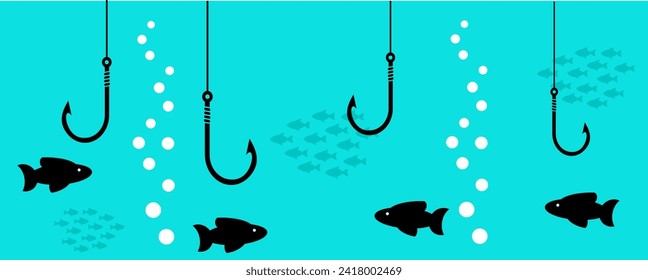 Fishing hooks on fishing lines underwater graphic background. Wallpaper with catching fish in blue water. Vector illustration EPS10 editable and printable