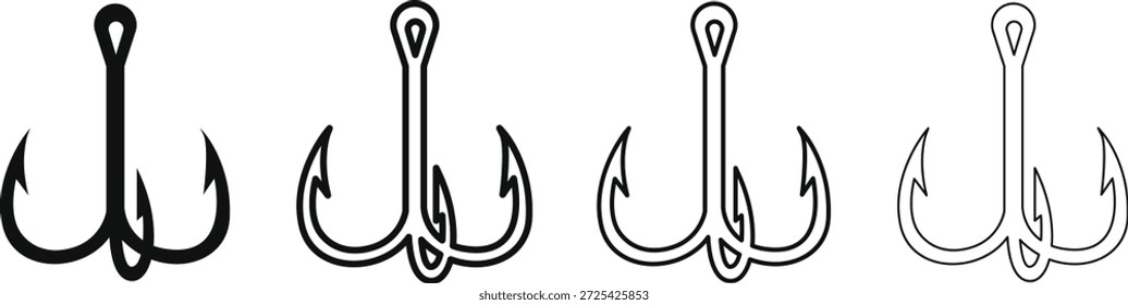 Fishing hooks set in different line styles for illustration and design