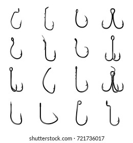 Fishing hooks set. Sharp, treble and worm type, gear for tourism and hobby, device for catching fish. Fishing hooks illustration isolated on white background.