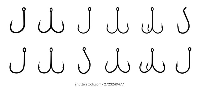 Anzóis de pesca. Conjunto de pesca anzóis ilustração vetor. Ícones de vetor de gancho. Símbolo ou logótipo do peixe.