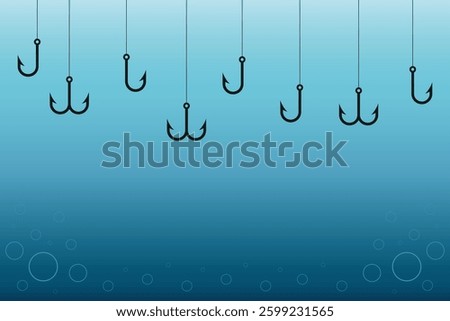 Fishing hooks underwater. Ocean bait lines with bubbles. Angling scene