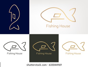 Fishing House Logotype Design Template. Fish and House Vector Silhouette.