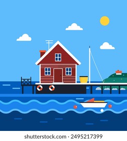 Fishing house on the pier, with boat flat vector illustration in sunny sea near the shores with house 