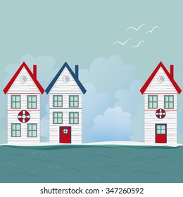 Fishing house, tiny white house, sea and vast sky with seagulls.