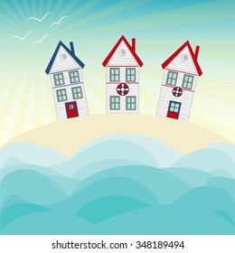 Fishing house, tiny white house, sea and vast sky with seagulls. Seaside themed vector landscape with a dune, huts under a summer sun symbolic of travel and a tropical vacation