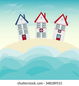 Fishing house, tiny white house, sea and vast sky with seagulls. Seaside themed vector landscape with a dune, huts under a summer sun symbolic of travel and a tropical vacation