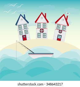 Fishing house, tiny white house, sea and vast sky with seagulls. Seaside themed vector landscape with a dune, fishing boat and huts under a summer sun symbolic of travel and a tropical vacation