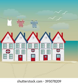 Fishing house, tiny white house, sea and vast sky with seagulls.