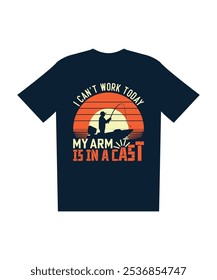 Angeln, Humor, Grafik, Angler, Boot, kann heute nicht arbeiten, Arm in cast, Silhouette, Sonnenuntergang, Vintage, lustig, Typografie, Design, Fischer, Erholung, entspannend, Freizeit, Wasser, Outdoor-Aktivität, Hobby,