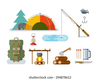 Fishing hunting concept flat vector icon set