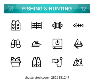 Fishing and Hunting icon set. Editable icon set. Professional and modern icon pack or collection illustration for camouflage hunting jackets.