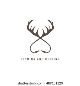 fishing and hunting illustration with deer horns and hooks