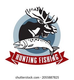 Fishing hunting logo. Elk and fish in a circle. The emblem for the hunting club