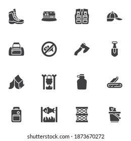 Fishing and hunting vector icons set, modern solid symbol collection, filled style pictogram pack. Signs, logo illustration. Set includes icons as hiking boot, vest, camping tent, knife, fish, hat