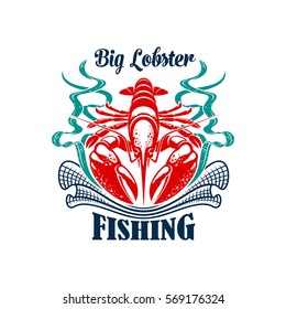 Fishing icon of big ocean lobster with fisherman fishing net or fishnet seine and seaweed. Fishery industry emblem or badge for recreation sport fishing or fish food company