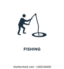 Fishing icon. Black filled vector illustration. Fishing symbol on white background. Can be used in web and mobile.
