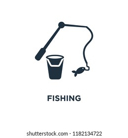 Fishing icon. Black filled vector illustration. Fishing symbol on white background. Can be used in web and mobile.