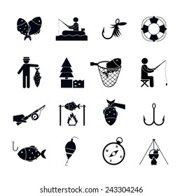 Fishing icon black set with boat bait sinker worms and fish isolated vector illustration
