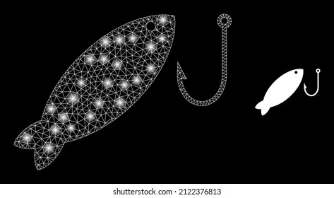 Fishing icon and bright mesh fishing structure with illuminated spots. Illuminated constellation is created using fishing vector icon and triangulated mesh. Illuminated carcass fishing,