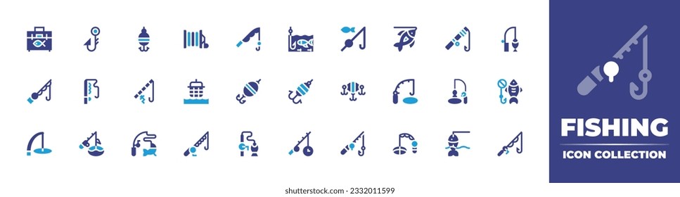 Fishing icon collection. Duotone color. Vector illustration. Containing baits, hook, reel, rod, fishing, net, ice fishing, no fishing.