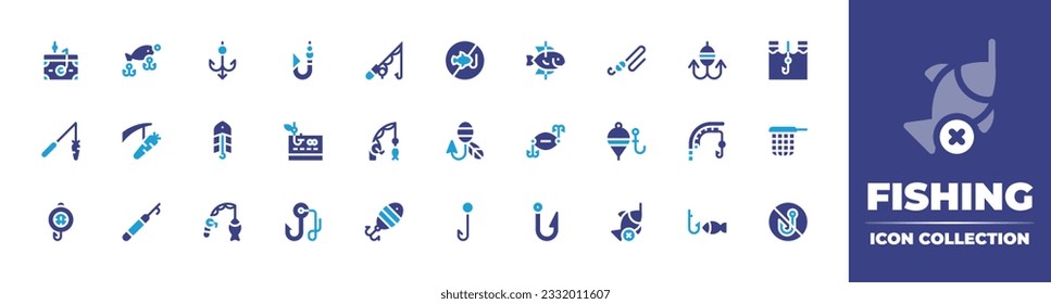 Fishing icon collection. Duotone color. Vector illustration. Containing cashback, bait, hook, fish hook, fishing, rod, fishing hook, ice, carrot, carrot and stick, cheque, rod.