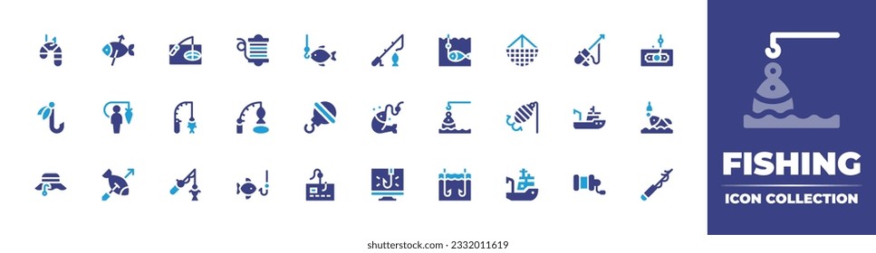 Fishing icon collection. Duotone color. Vector illustration. Containing fishing, ice fishing, reel, net, harpoon, money, hook, motivation, rod, bait, fish, fishing hook, boat.