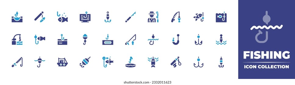 Fishing icon collection. Duotone color. Vector illustration. Containing fishing, fishing rod, phishing, bait, harpoon, fisherman, float, hook, fish hook, buoy, boat, fishing baits.