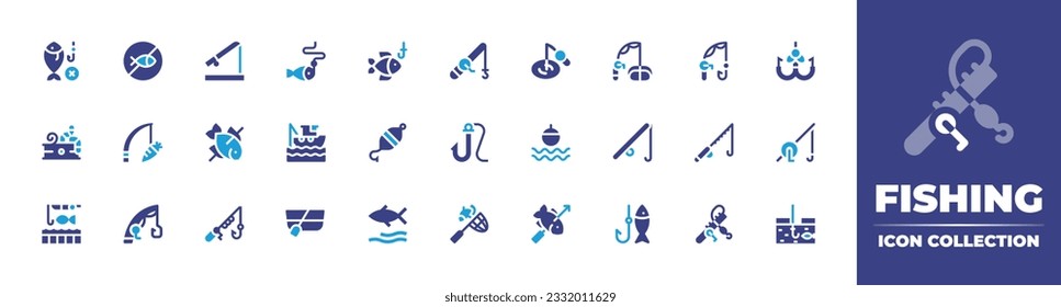 Fishing icon collection. Duotone color. Vector illustration. Containing no fishing, rod, fishing, ice, bait, rod, boat, hook, hook, float, fishing boat, fish, net, spear.