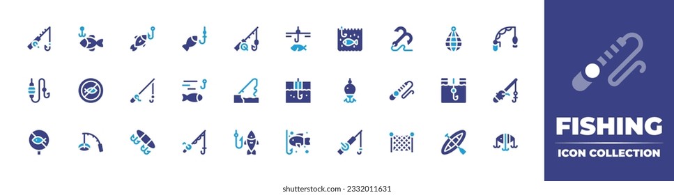 Fishing icon collection. Duotone color. Vector illustration. Containing rod, fishing, hook, net, no fishing, ice, fishing baits, bait, rod, boat.