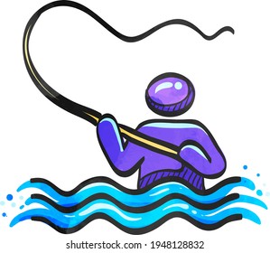 Fishing icon in color drawing. Sport leisure water sea ricer lake fly