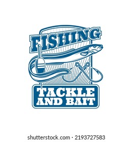 Fishing icon with eel and hooks, fisher rod hook and fish catch vector symbol. Fishing sport tournament or angling club badge with eel fish, tackles and baits, lure and bobber float