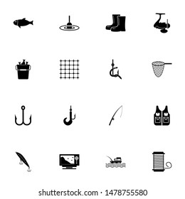 Fishing icon - Expand to any size - Change to any colour. Perfect Flat Vector Contains such Icons as fish, rod, nautical, waders, boat, jacket, tackle, water, echo sounder, hook, boots, fathometer