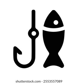 Fishing Icon. Fish and Hook Symbol. Customizable travel thin line illustration.  Editable stroke.