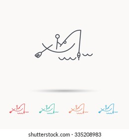 Fishing icon. Fisherman on boat in waves sign. Spinning sport symbol. Linear icons on white background.