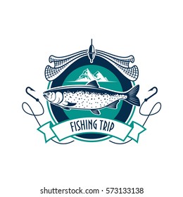 Fishing icon. Fishery industry or fisher trip sport club vector sign with humpback salmon, trout cod or sturgeon fish, fishing rod with hook, net and fisherman ship boat vessel in sea