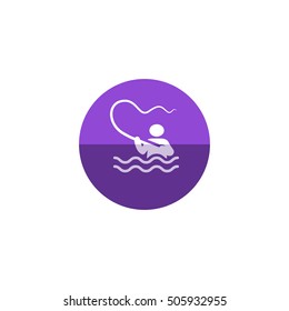 Fishing icon in flat color circle style. Sport leisure water