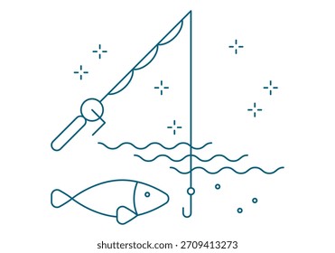 Icono de pesca aislado sobre fondo blanco. Caña de pescar. Diseño de Vector de pesca. Peces en la Ilustración vectorial de agua