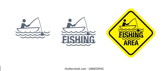 Fishing icon, logo, fishing area attention sign - vector monochrome silhouette of boat, river waves and fisherman
