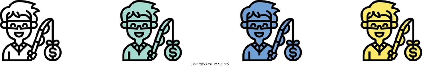 fishing icon. Outline, Green, Blue and Yellow Style Design Isolated On White Background